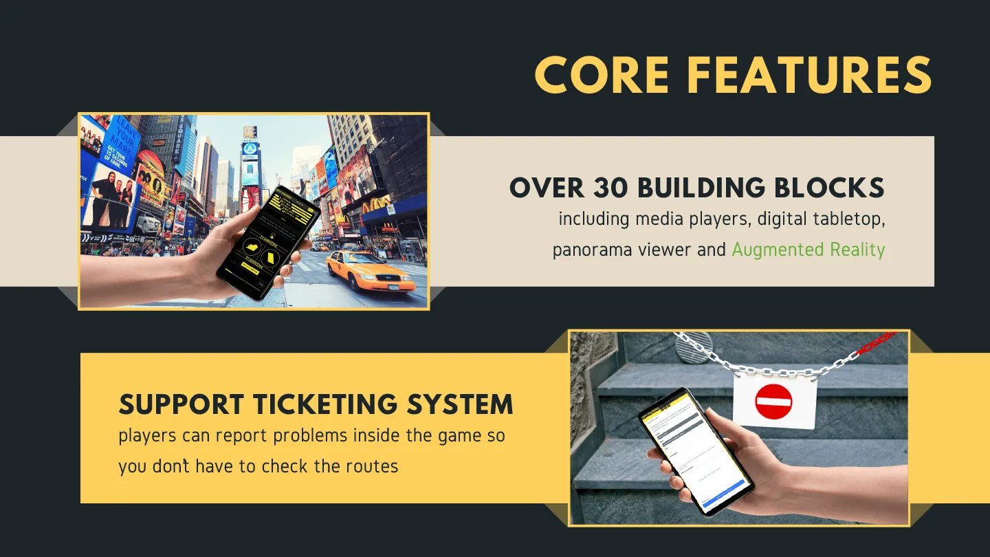 Core features: Over 30 building blocks including media players, digital tabletop, panorama viewer and Augmented Reality. Support ticketing system lets players report problems inside the game so you don't have to check the routes.